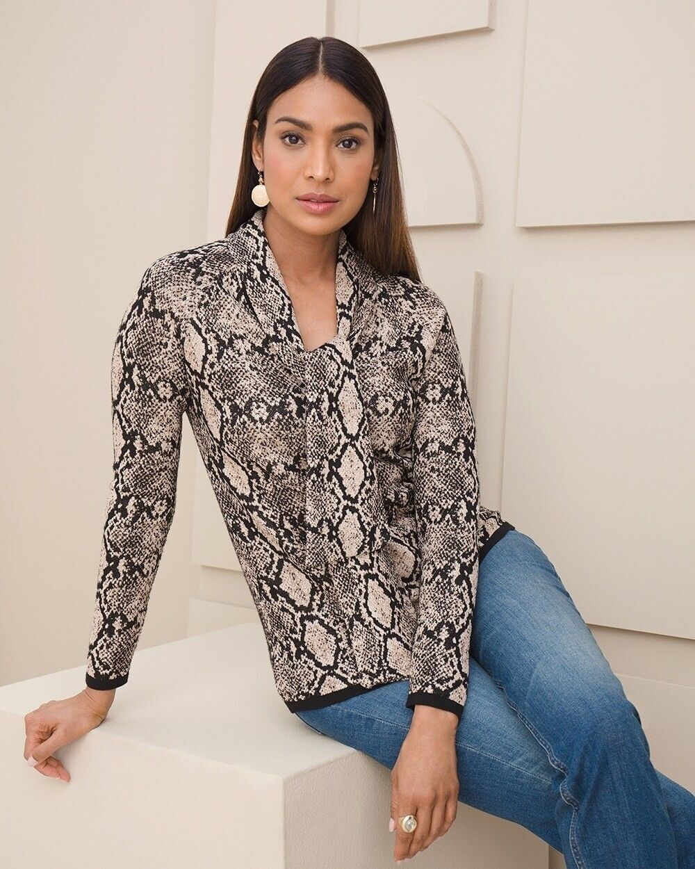 NWT CHICOS Python Print Tie Neck Long Sleeve Snake Pullover Sweater SIZE 0 US 4